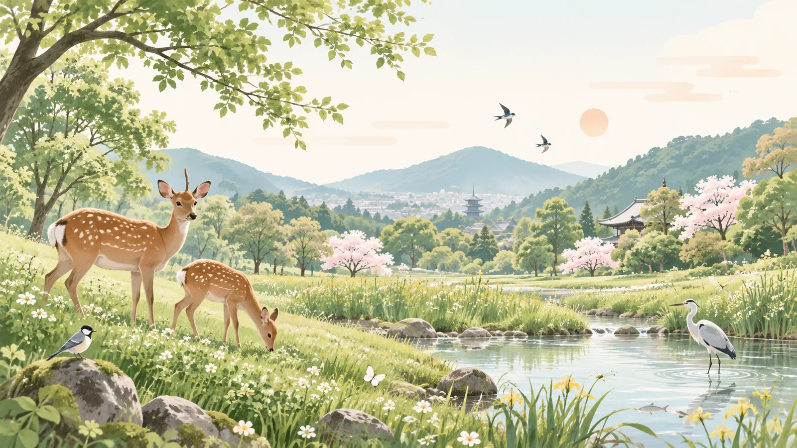 奈良の里山で鹿や野鳥と出会う風景をイメージしたイラスト