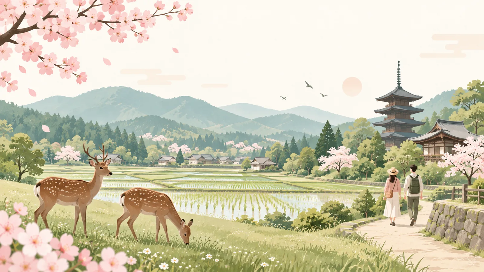 奈良の里山と寺社を散策するおでかけ風景をイメージしたイラスト
