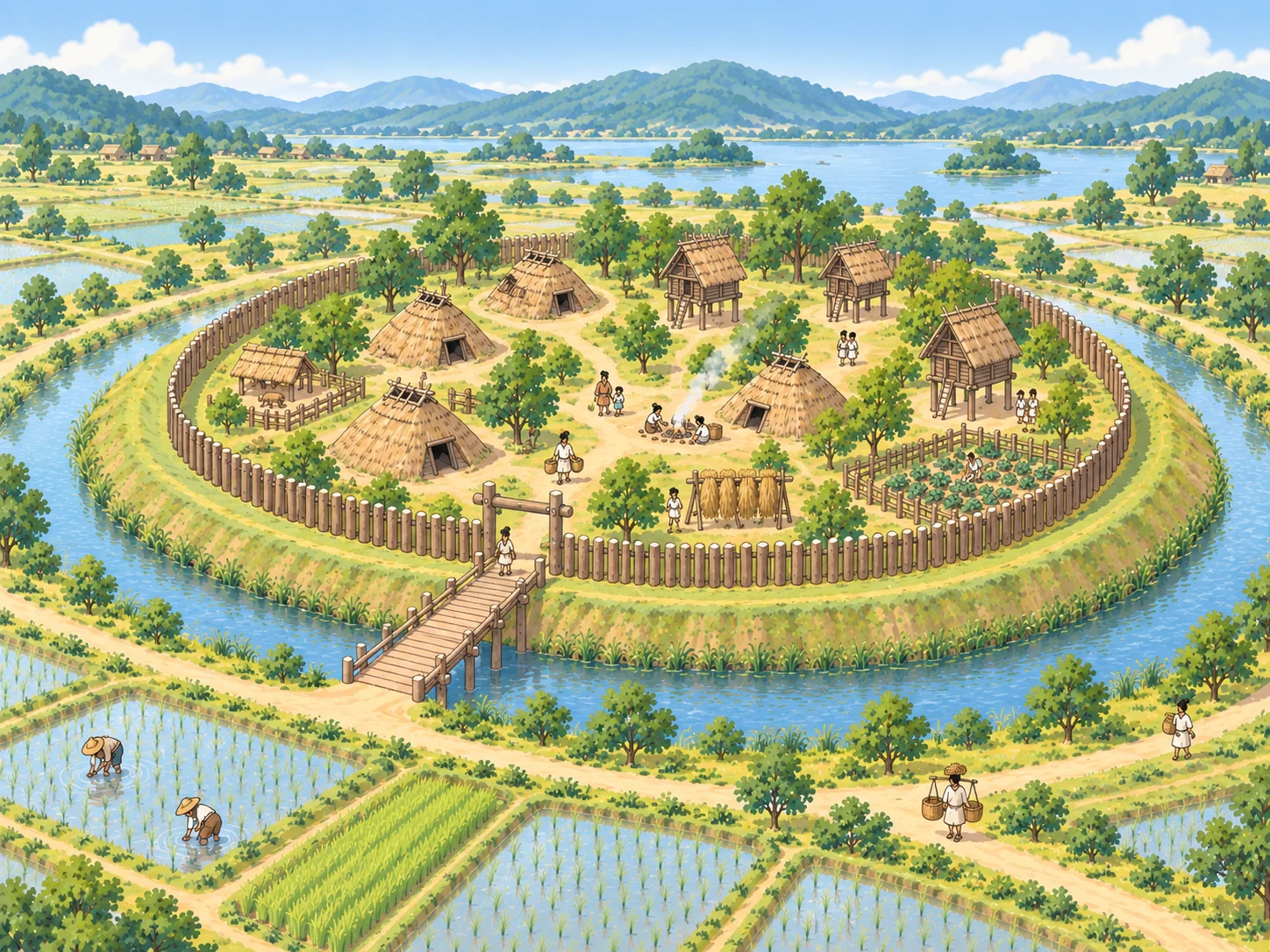 弥生時代の環濠集落を上空から見たイメージ。周囲に濠がめぐり、竪穴建物や高床倉庫、田んぼ、人びとの暮らしが描かれている